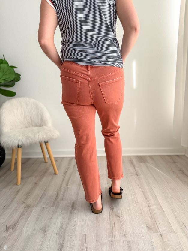 Copper Distressed High Rise Slim Fit Jeans