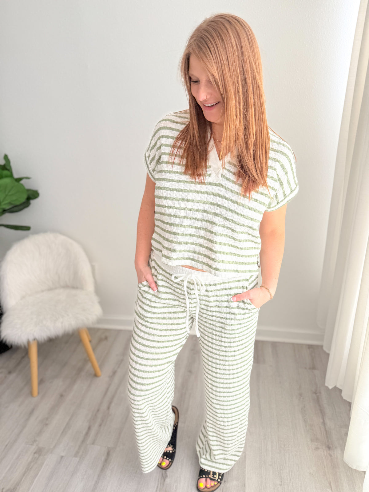 Olive Striped Collard Top