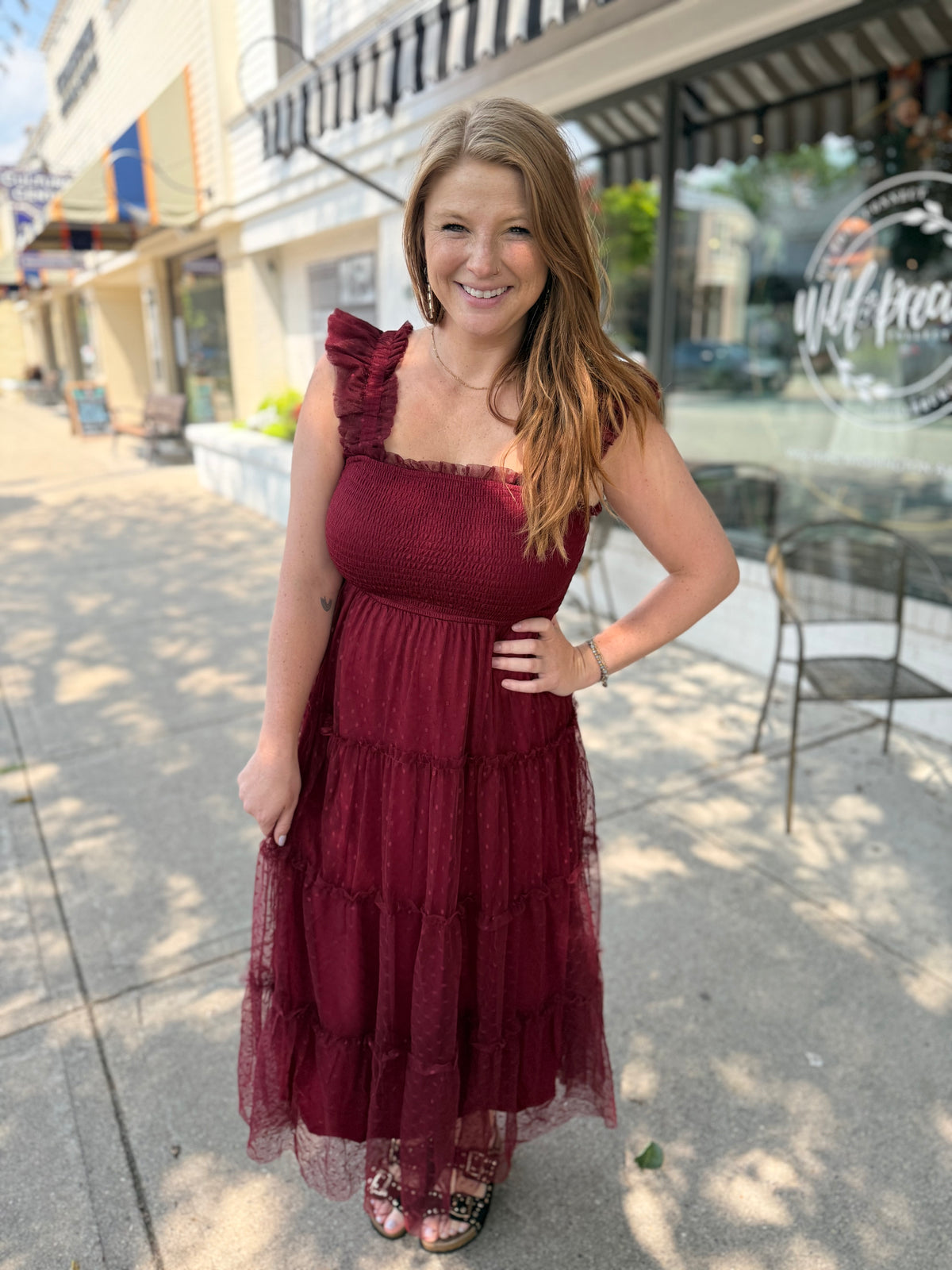 Crimson Smocked Tiered Dress