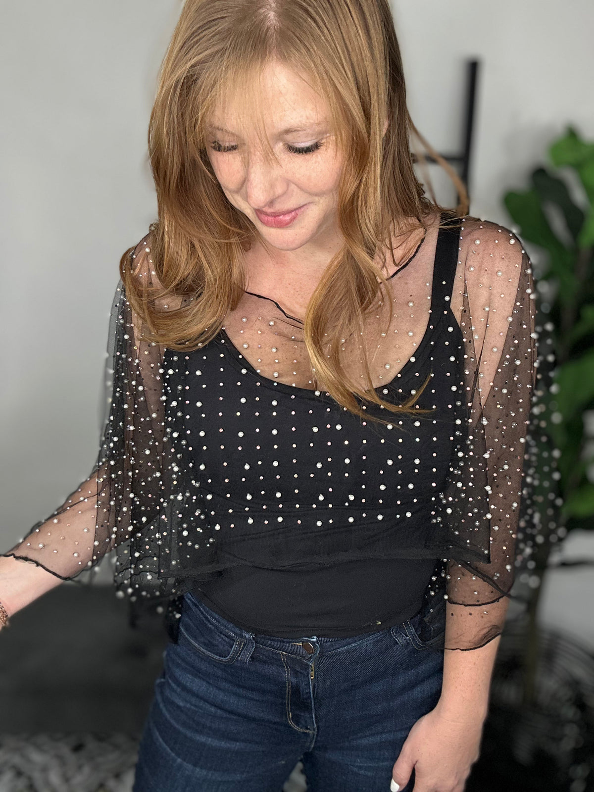 Pearl + Rhinestone Sheer Top