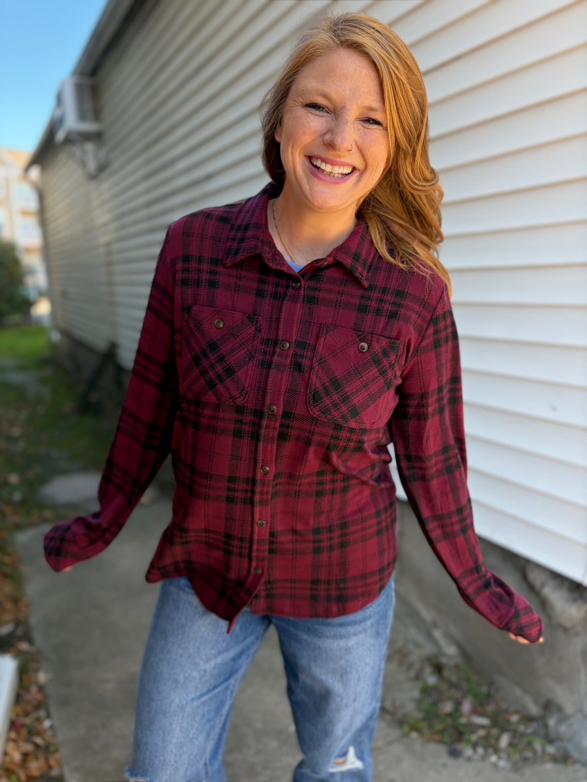 Maroon & Black Plaid Button Up