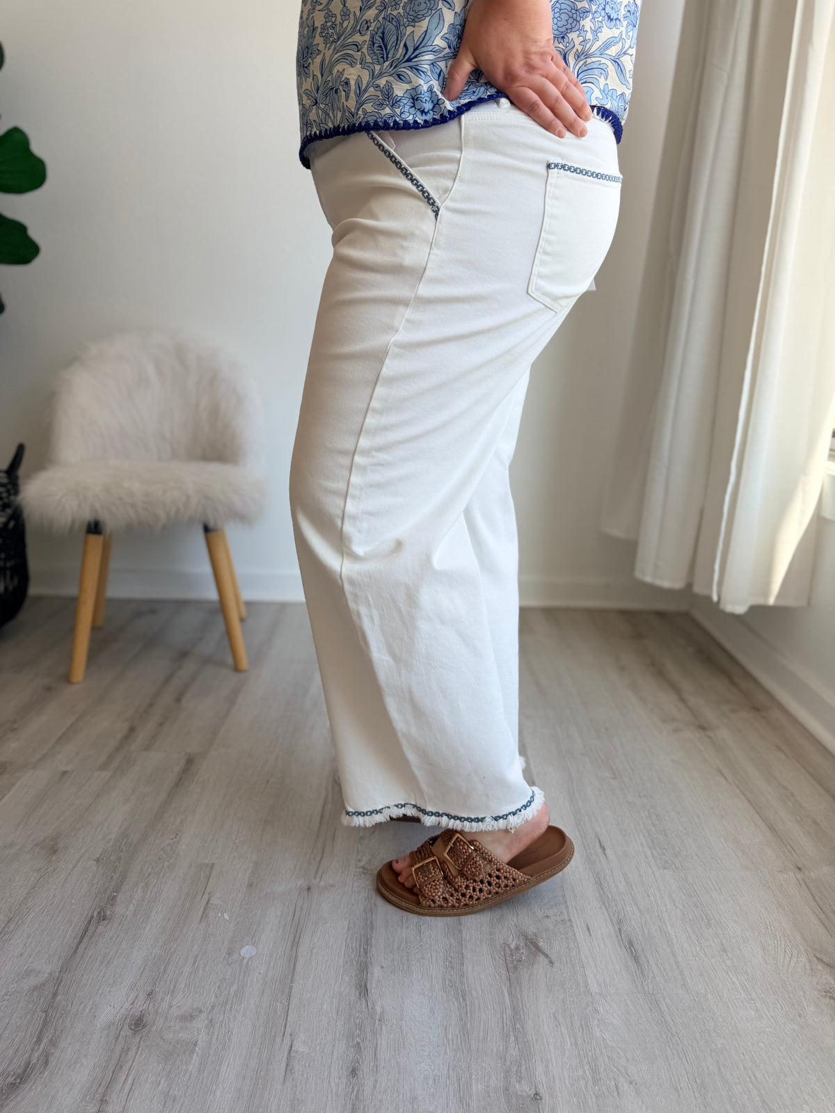 Risen High Rise Cream Embroidered Barrel Jean