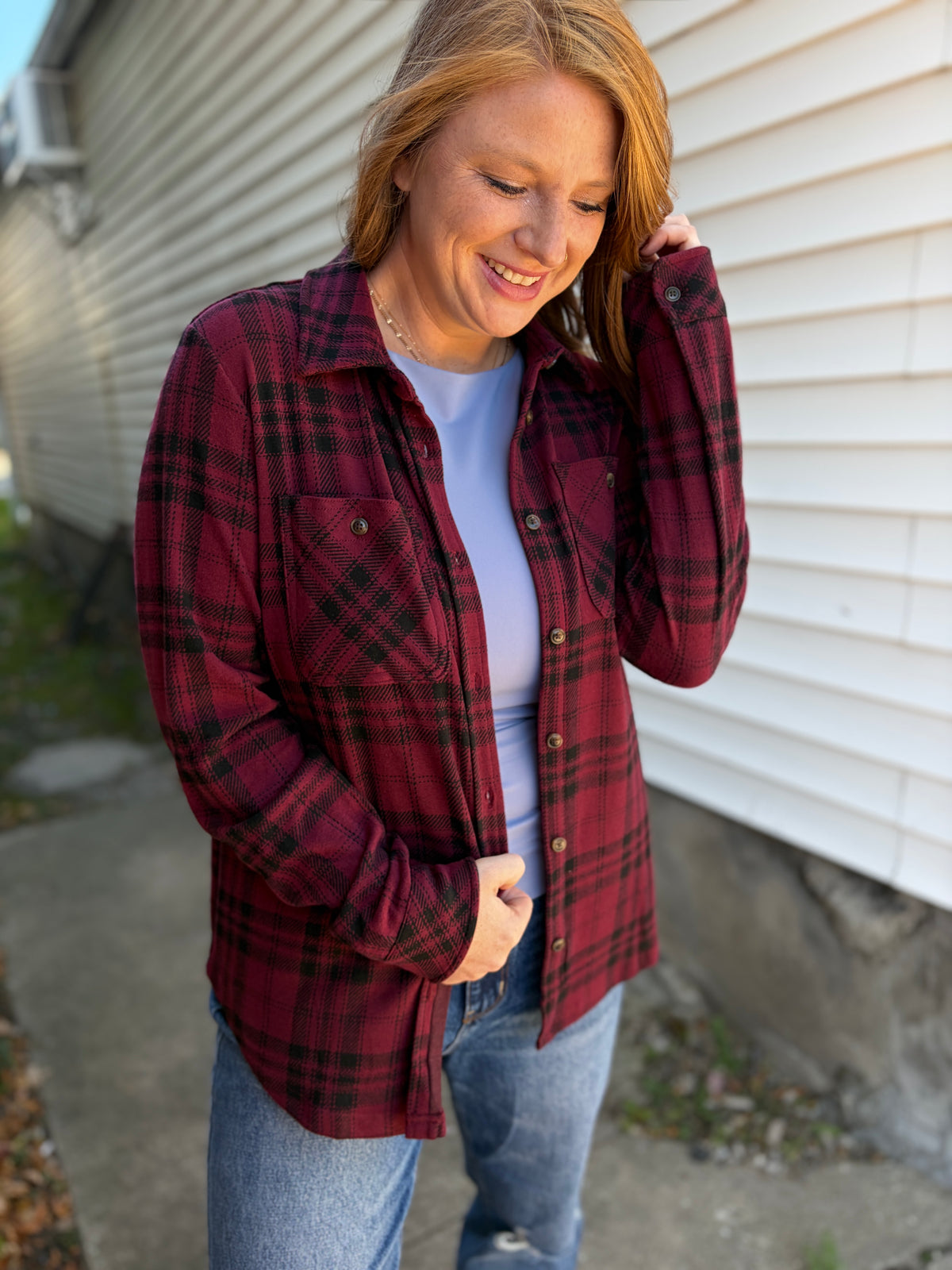 Maroon & Black Plaid Button Up