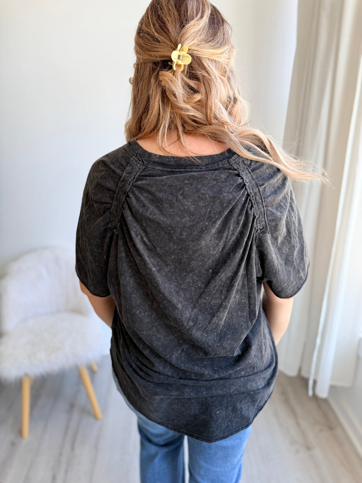 Washed Black V Neck Top