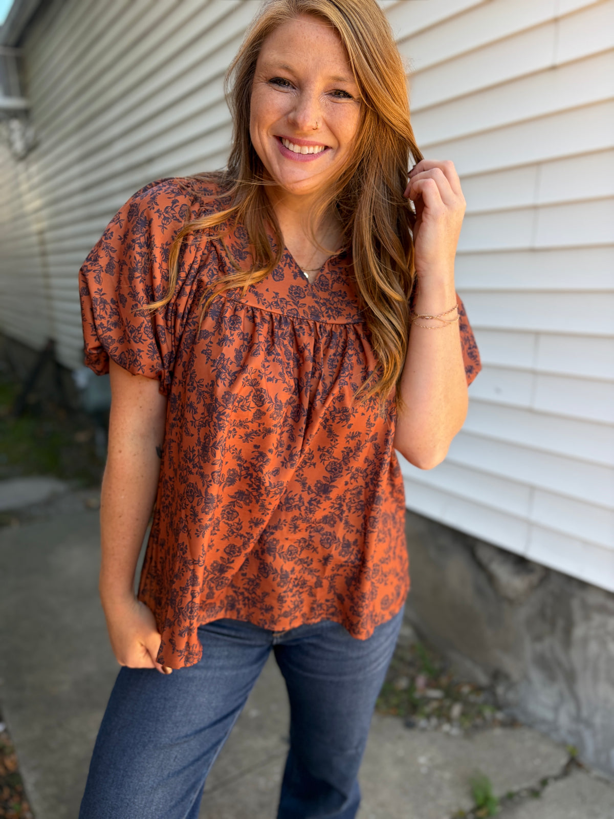 Caramel Floral Puff Sleeve Top