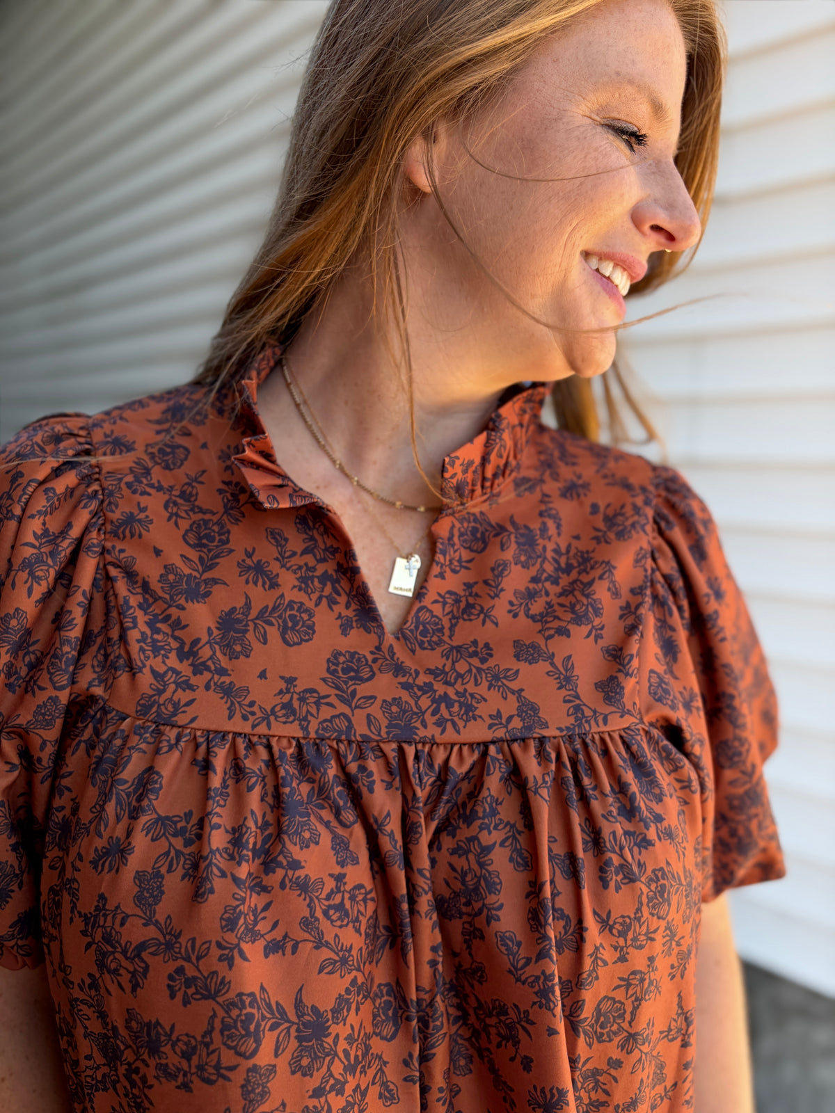 Caramel Floral Puff Sleeve Top