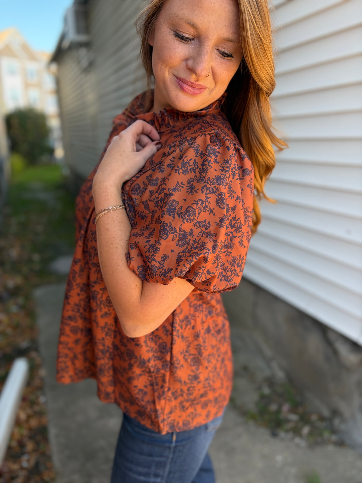 Caramel Floral Puff Sleeve Top