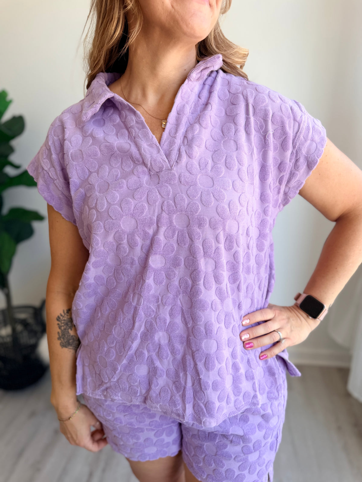 Lavender Bloom Textured Collared Top