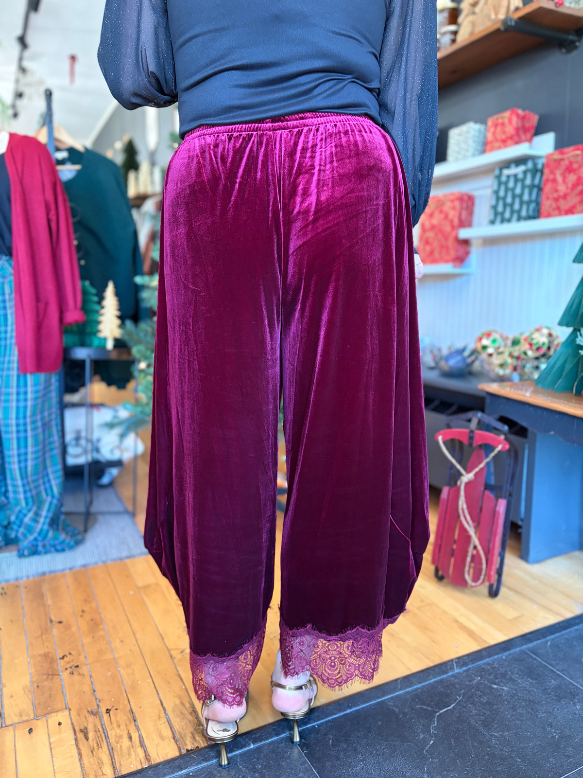 Wine Velvet Lace Balloon Pants