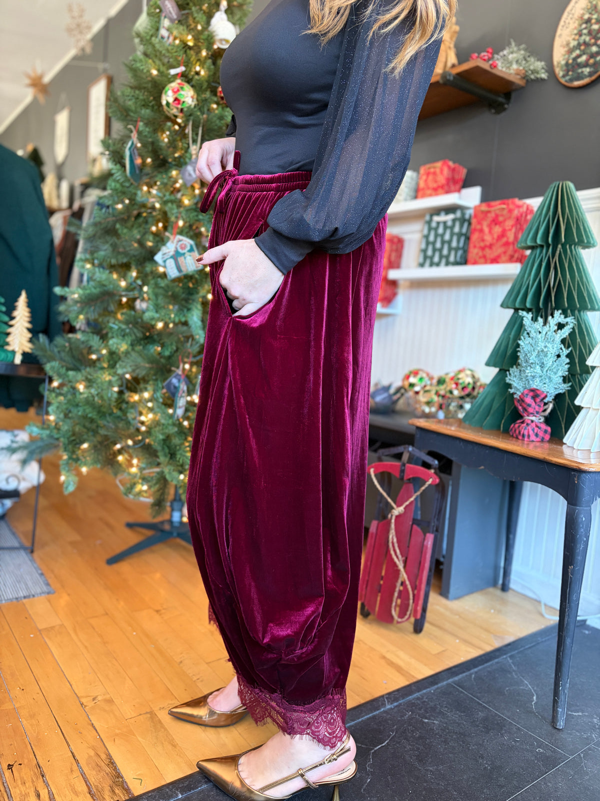 Wine Velvet Lace Balloon Pants