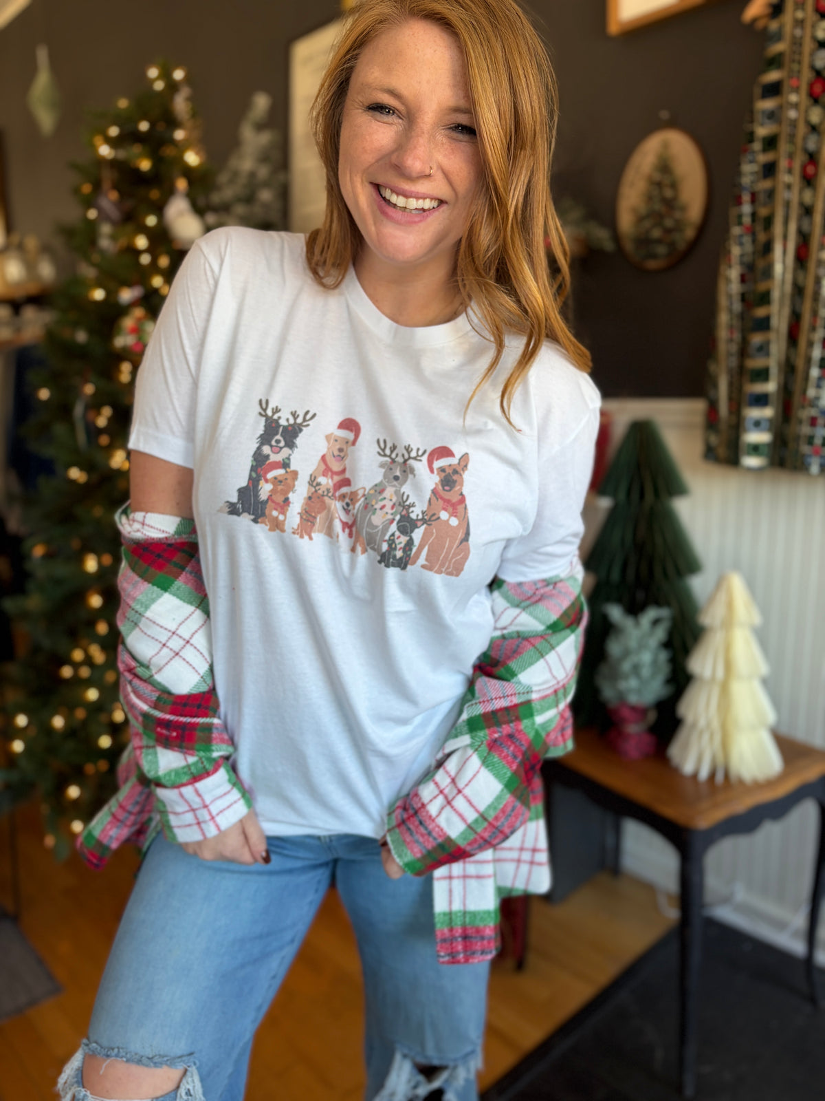 Christmas Dogs White Graphic Tee