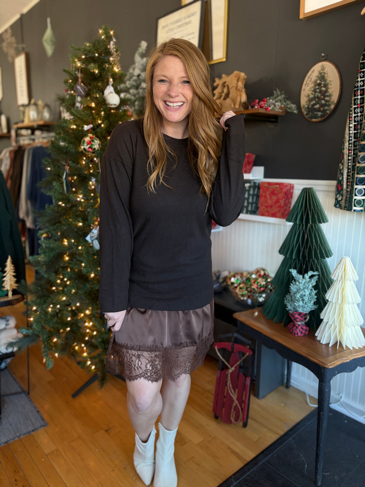 Brown Lace Trim Dress