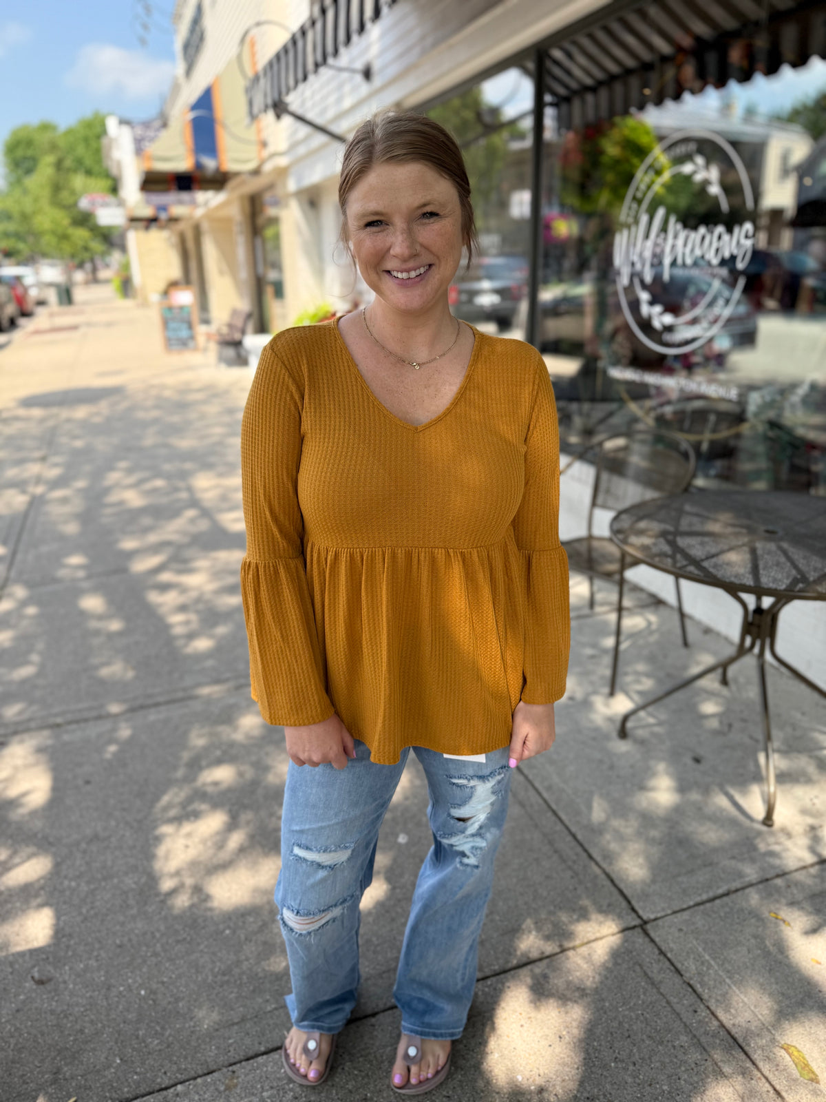Waffle Babydoll Top - Mustard