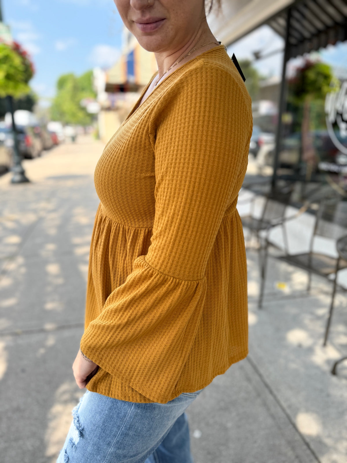 Waffle Babydoll Top - Mustard