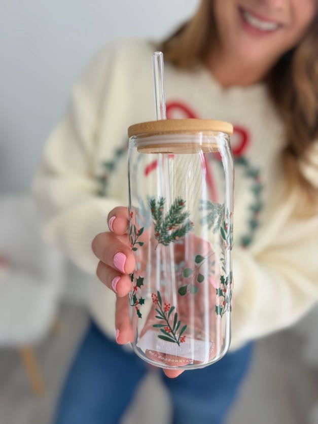 Holly Can Glass w/ Straw & Lid