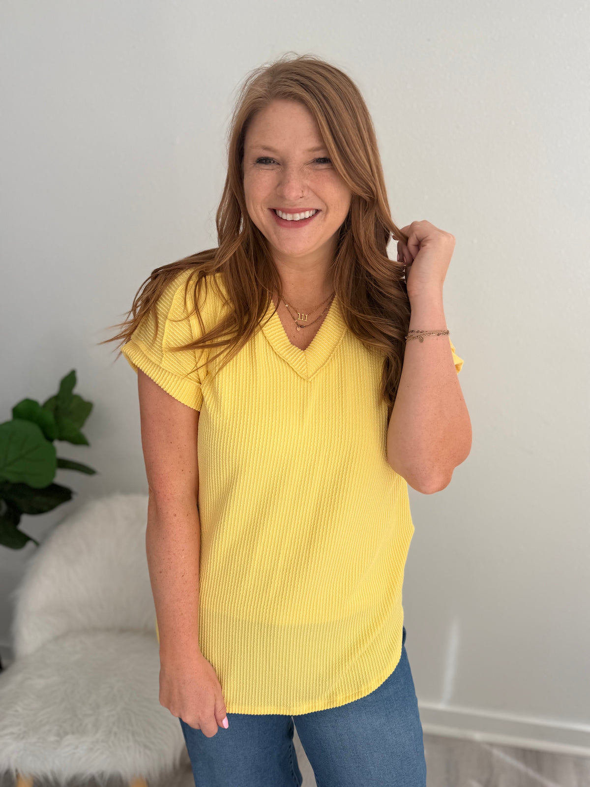 Yellow Ribbed Short Sleeve Top