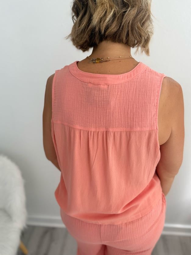Coral Gauze Button Down Top