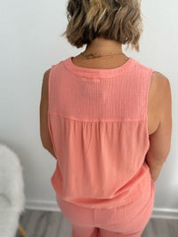 Coral Gauze Button Down Top
