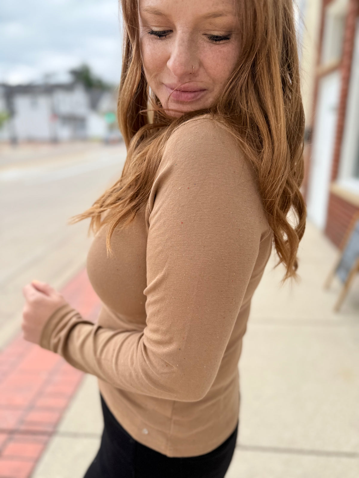 Colored Spots Button Down Long Sleeve - Taupe