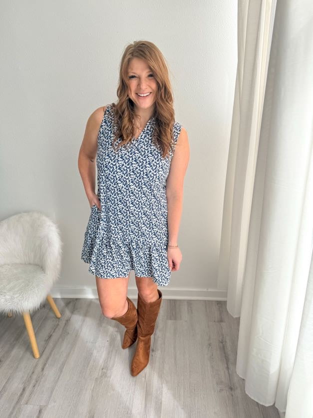 Navy Blossom V Neck Dress