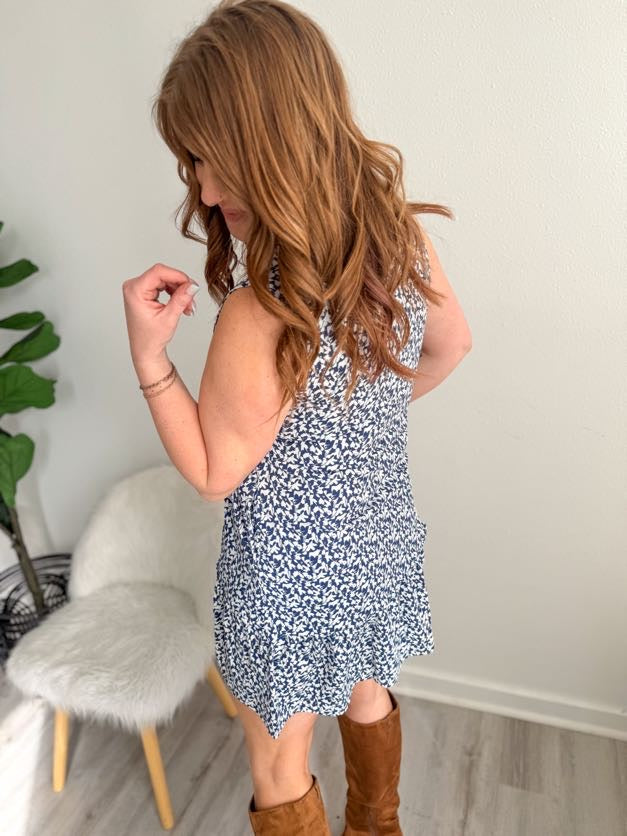 Navy Blossom V Neck Dress