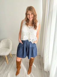 Dark Denim Pleated Shorts