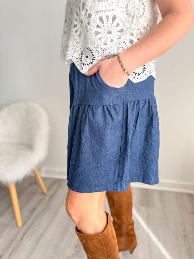 Dark Denim Pleated Shorts