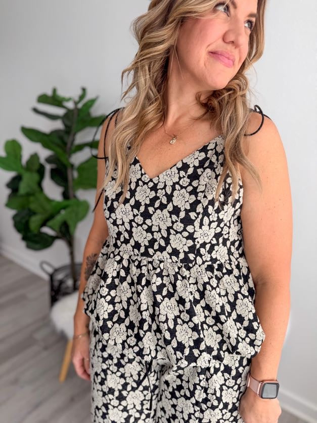 Floral Black and White Ruffle Tank