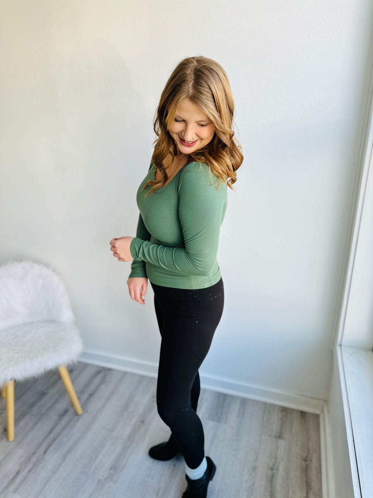 Dark Basil Ribbed Long Sleeve Top