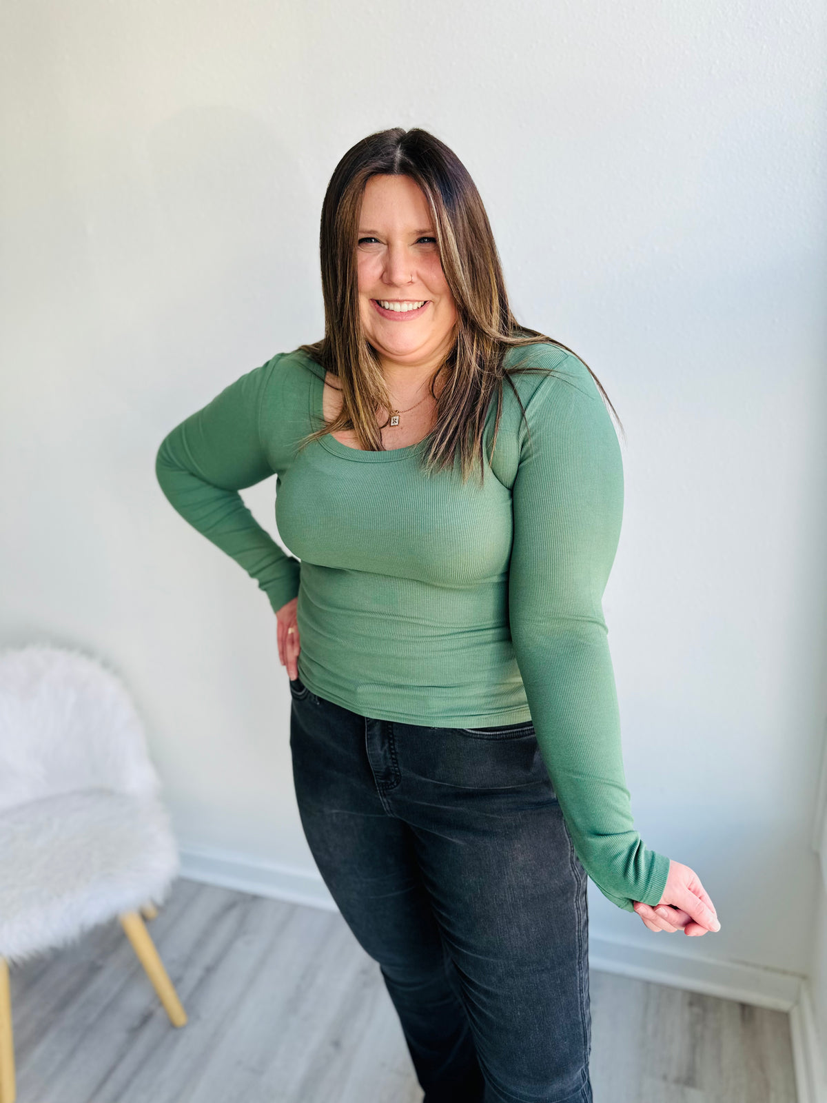 Dark Basil Ribbed Long Sleeve Top