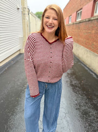 Ainsley Lightweight Knit Cardigan - Burgundy Stripe