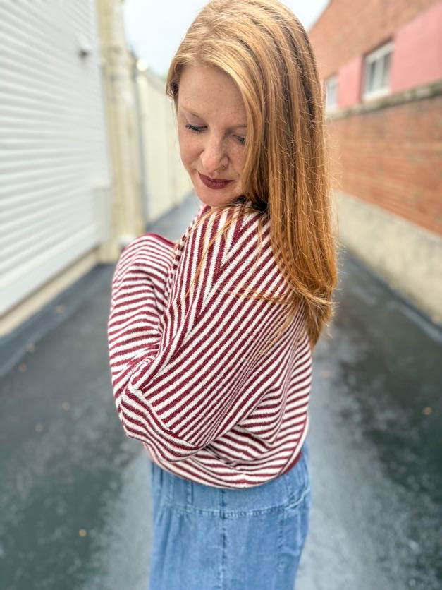 Ainsley Lightweight Knit Cardigan - Burgundy Stripe