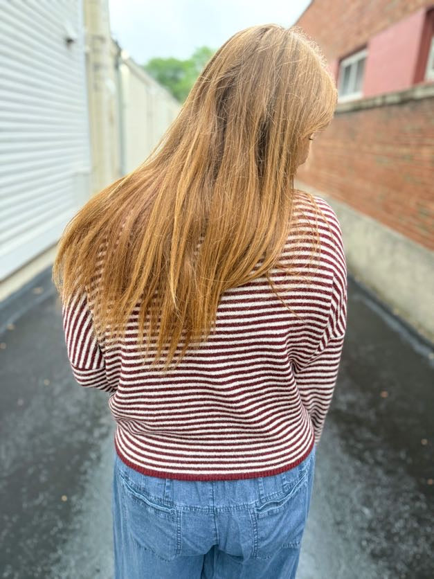 Ainsley Lightweight Knit Cardigan - Burgundy Stripe