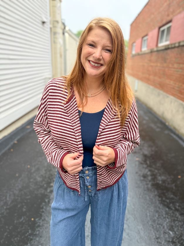 Ainsley Lightweight Knit Cardigan - Burgundy Stripe