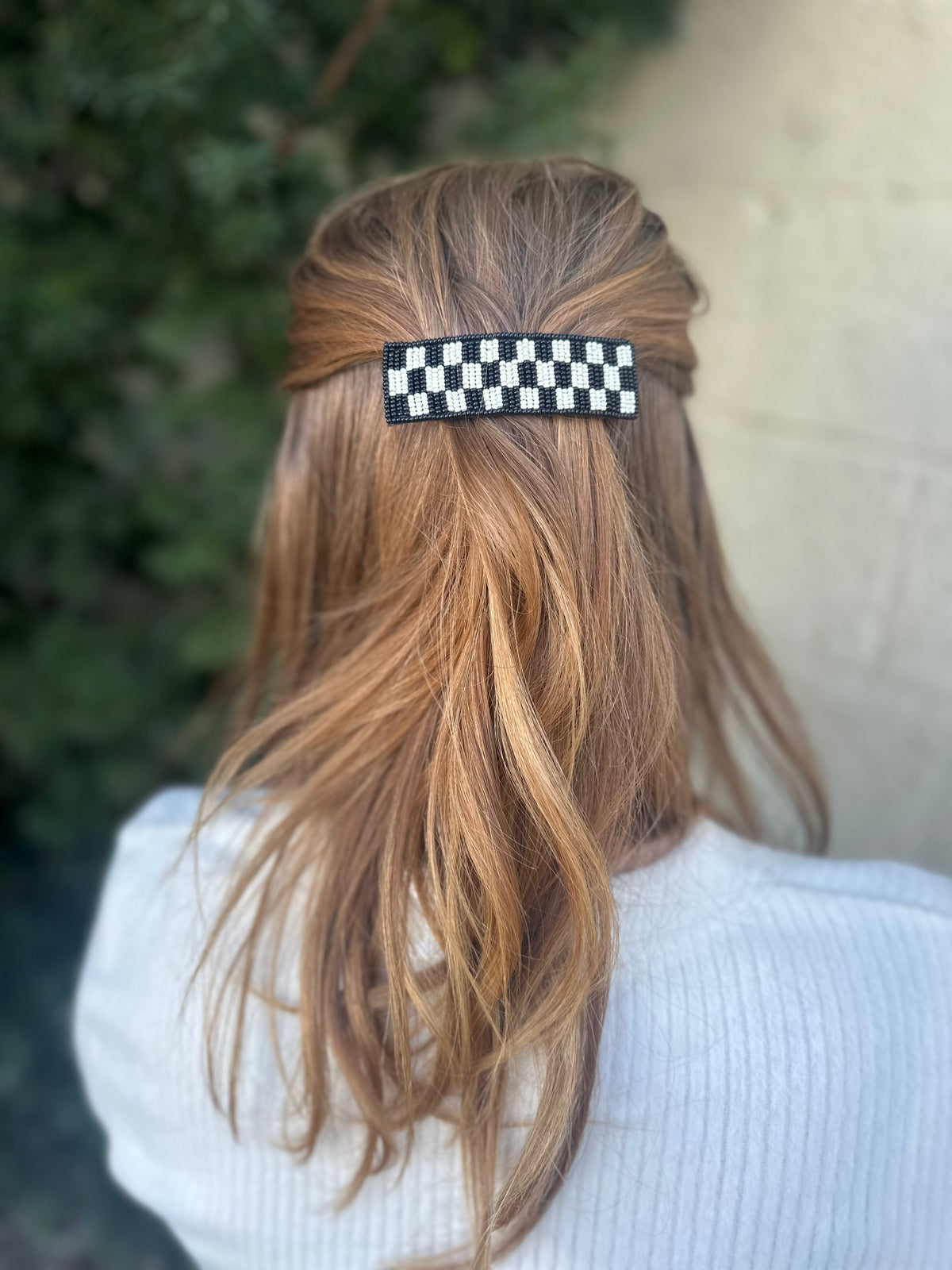 B&W Checkered Beaded Hair Clip