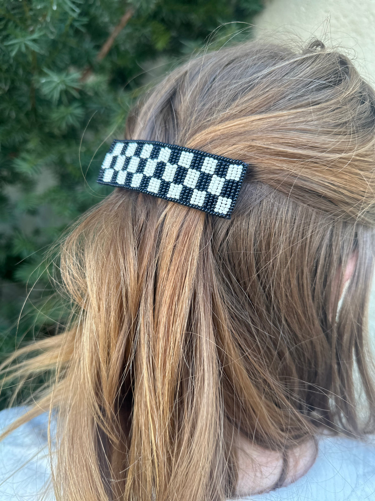 B&W Checkered Beaded Hair Clip