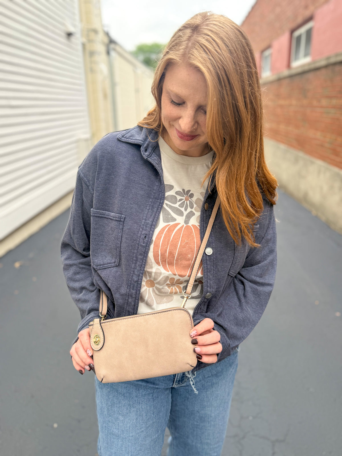 Taupe Twist Lock Crossbody/Wristlet Bag