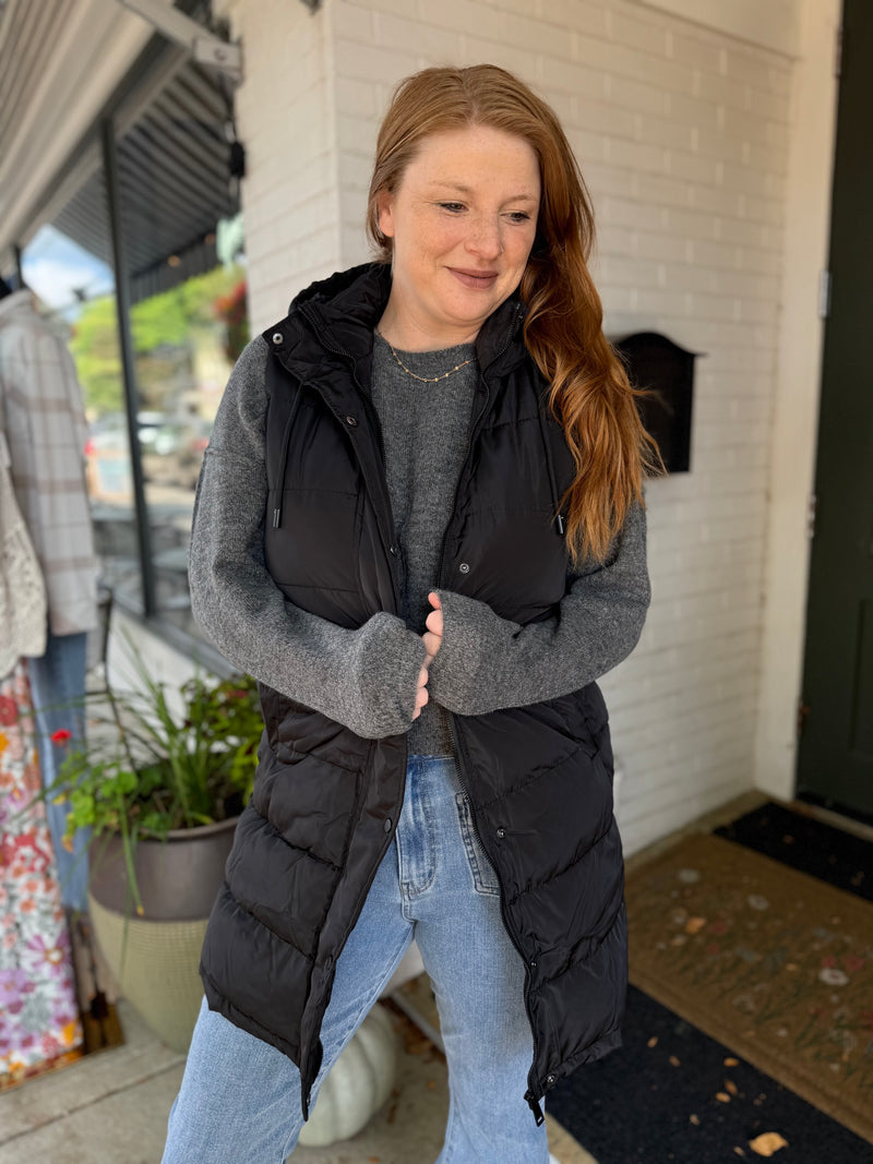 Classic Long Puffer Vest - Black