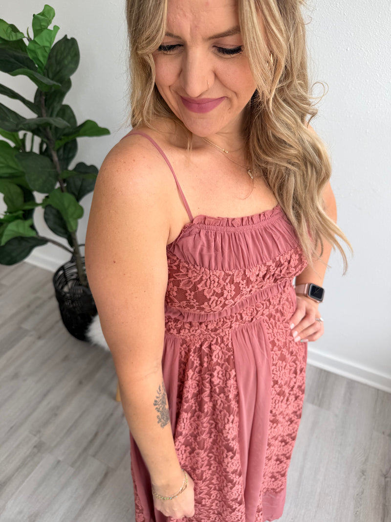 Dusty Rose Lace Midi Dress