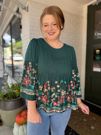 Teal Embroidered Floral Top