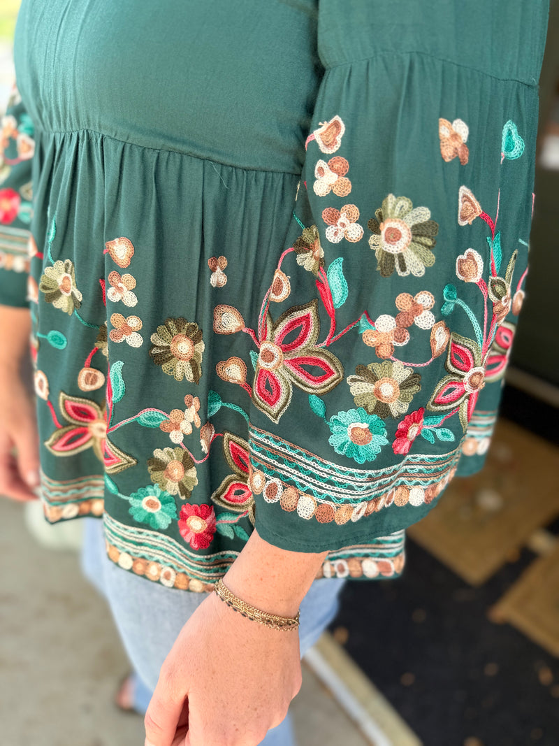 Teal Embroidered Floral Top