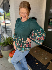 Teal Embroidered Floral Top