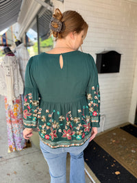 Teal Embroidered Floral Top