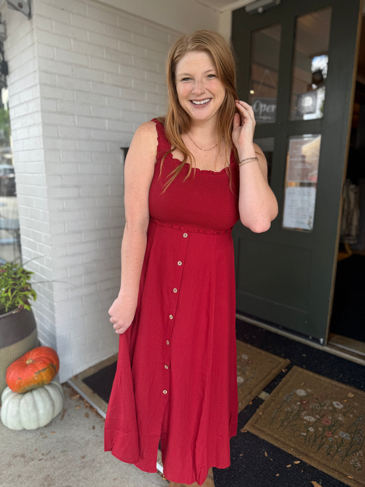Red Button Down Midi Dress