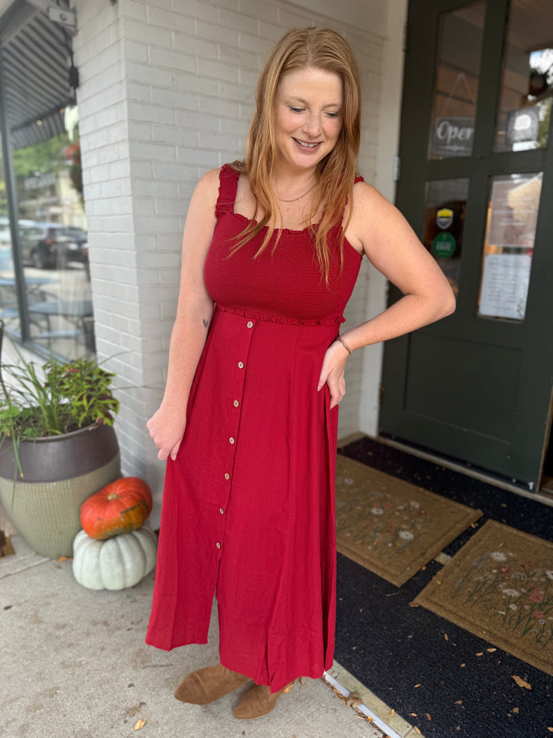 Red Button Down Midi Dress