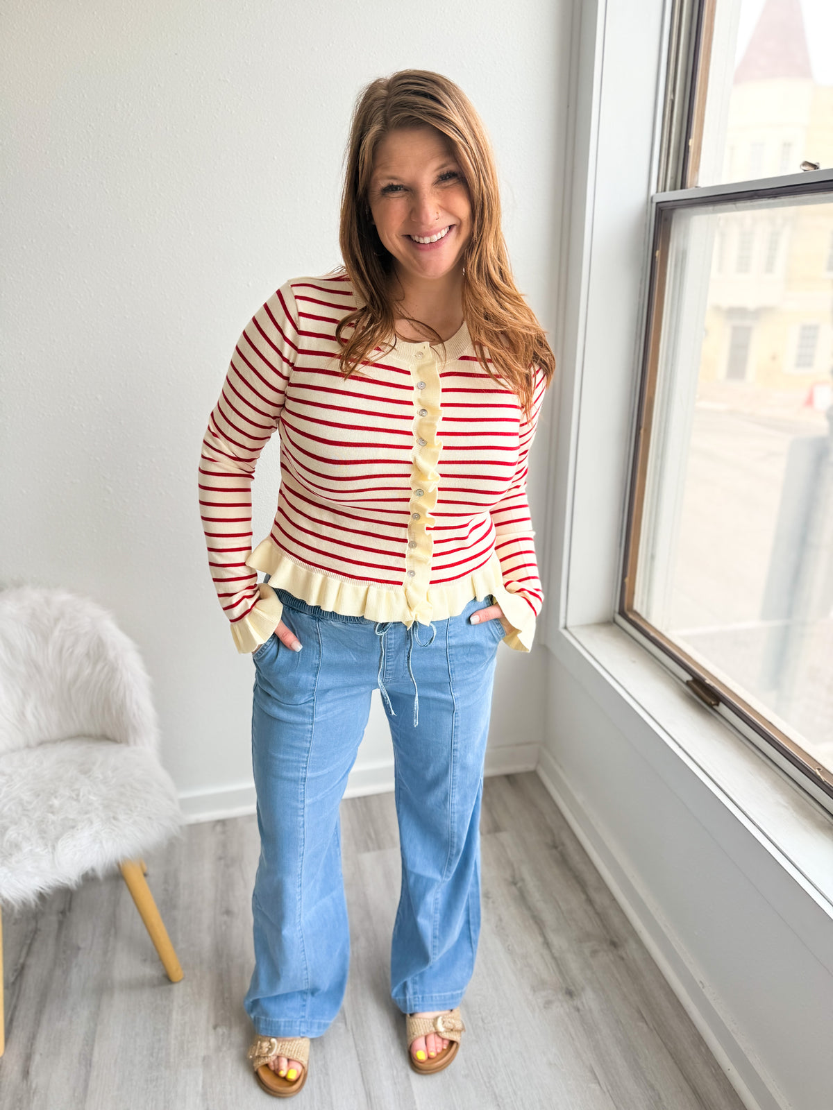 Red Striped Ruffle Bottom Cardigan