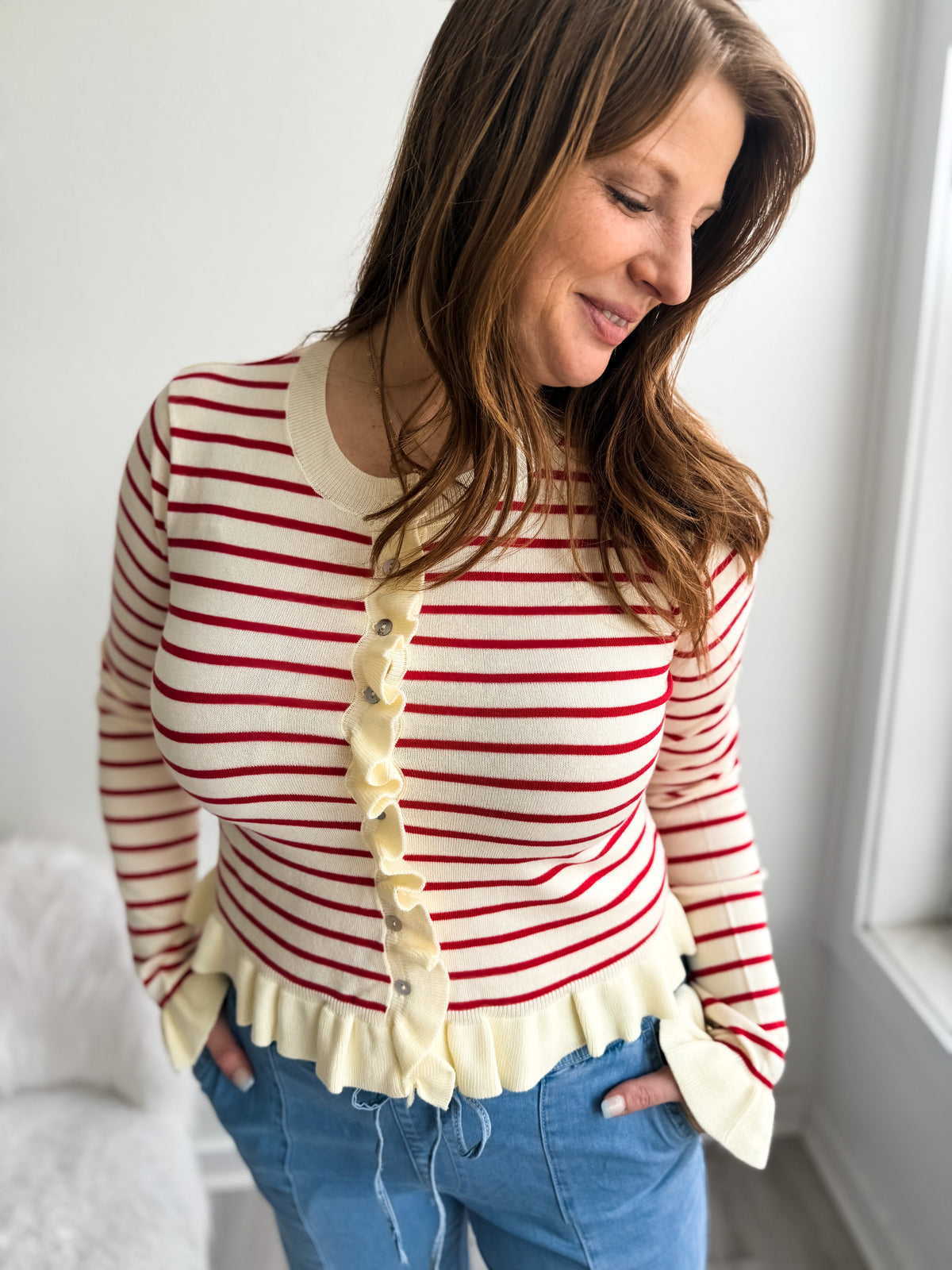 Red Striped Ruffle Bottom Cardigan