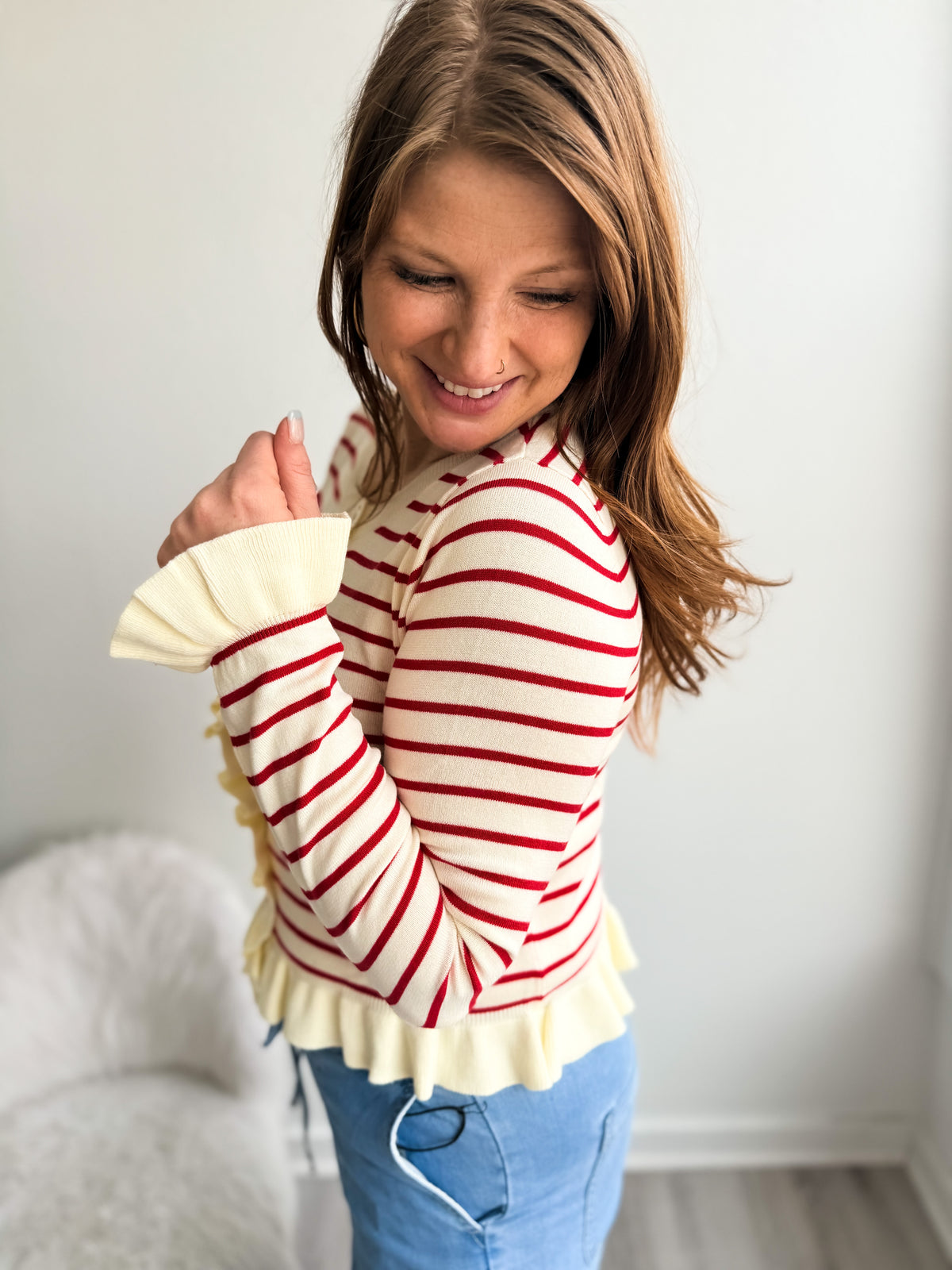 Red Striped Ruffle Bottom Cardigan