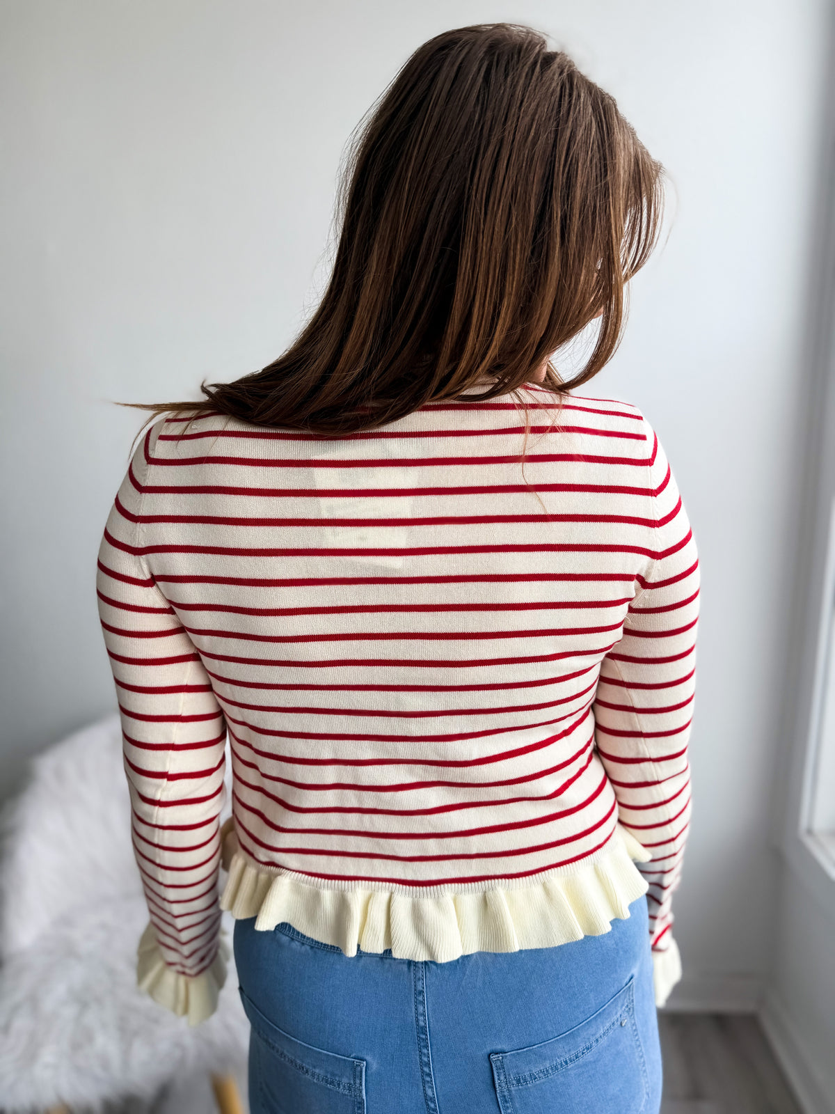 Red Striped Ruffle Bottom Cardigan