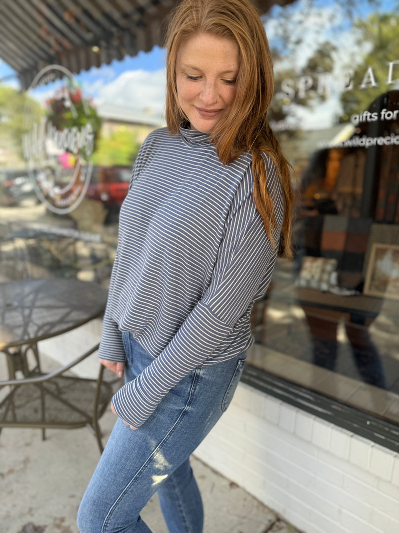 Simple Striped Turtleneck - Navy + Cream